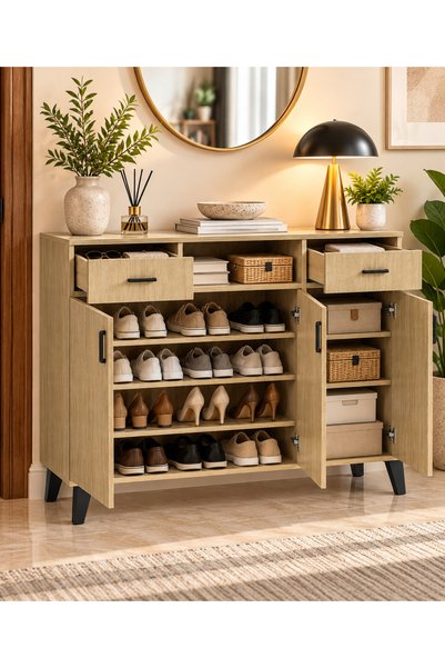 N.zone Modern Versatile Shoe Cabinet with Stylish Wood Design, Featuring 3 Do...