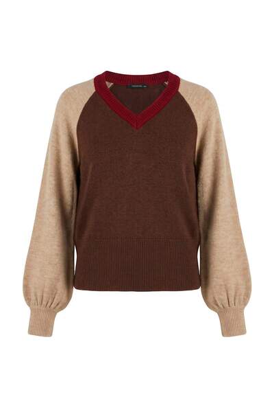 Trendyol Collection Brown Raglan Sleeve Red Collar Oversize Knitwear Sweater ...