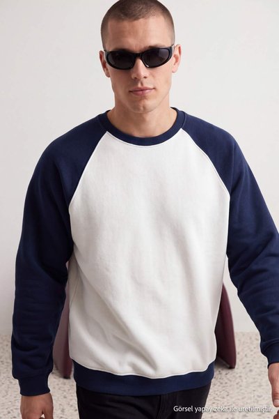 Trendyol Collection Navy Blue - White Oversize/Wide Fit Raglan Sleeve Sweatsh...