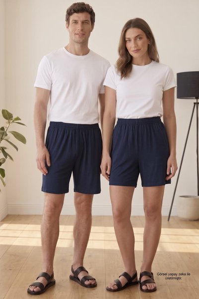 BERA TEKSTİL Unisex Lacivert Pamuklu Penye Şort