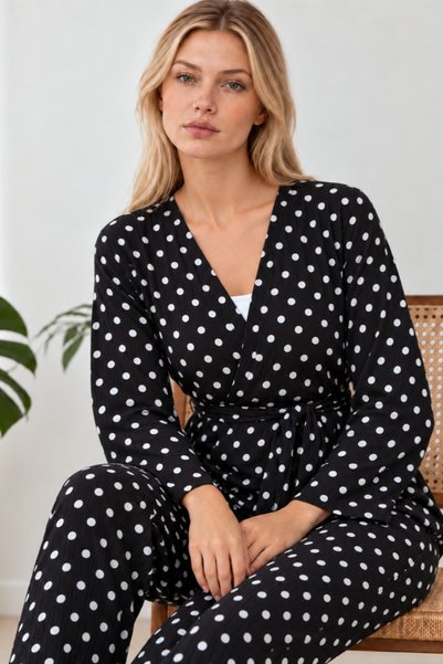 Şeker Portakalım Women's Patterned Home Style Belted Black Pajama Set 4806