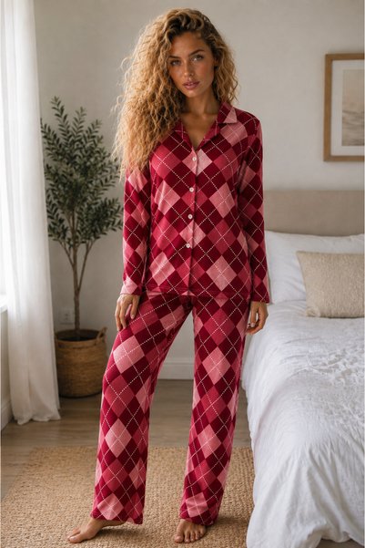 Şeker Portakalım Women's Knitted Shirt Collar Red Pajama Set