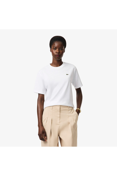 Lacoste Kadın Relaxed Fit Bisiklet Yaka Beyaz T-Shirt