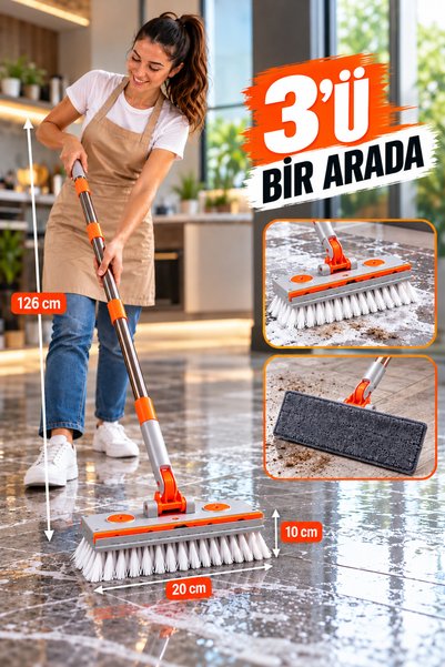 Doori 3’ü 1 Arada Sert Geniş Fırçalı Mikrofiber Mop ve Çekpas 126 cm Uzun Saplı Zemin Temizlik Fırçası
