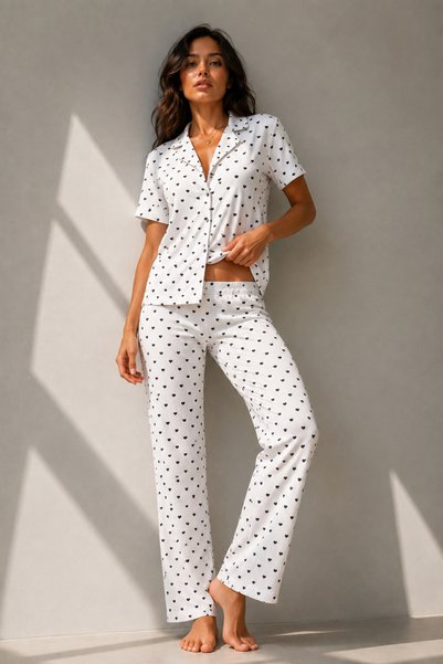 Şeker Portakalım Women's Classic Natural Button Night Snow White Pajama Set