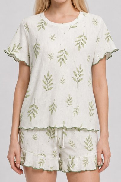 silver&fashion Water Green Leaf Patterned Pajama Set 4650-Green
