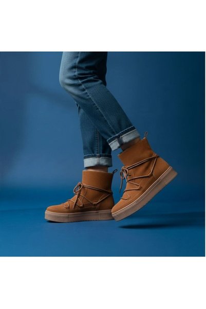 NE&VE SHOES Γυναικείες μπότες με κορδόνια από γνήσιο δέρμα Tan Suede με επένδ...