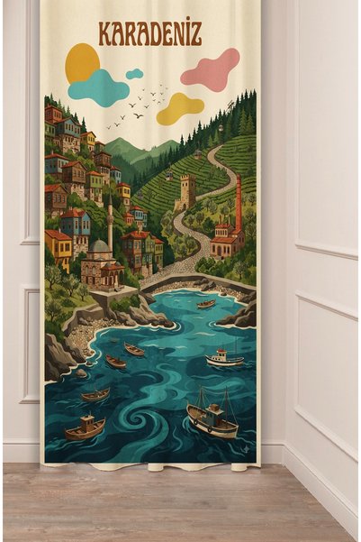 GREENDECOR Cortina de fundal cu ilustrații retro inspirate de Marea Neagră Ve...