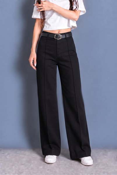MY ARJA JEANS KADIN YÜKSEKBEL JEANS KEMERLİ ÖNÜ ÇIMALI GENİŞ PAÇA KOT PANTOLON