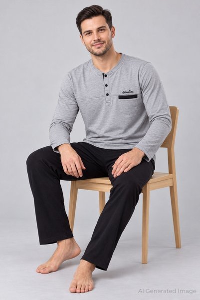 PİJAPİA Men's Buttoned Long Sleeve Pajama Set Gray 100% Cotton