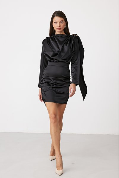 FACETTE Rochie mini din satin cu detaliu șal, neagră