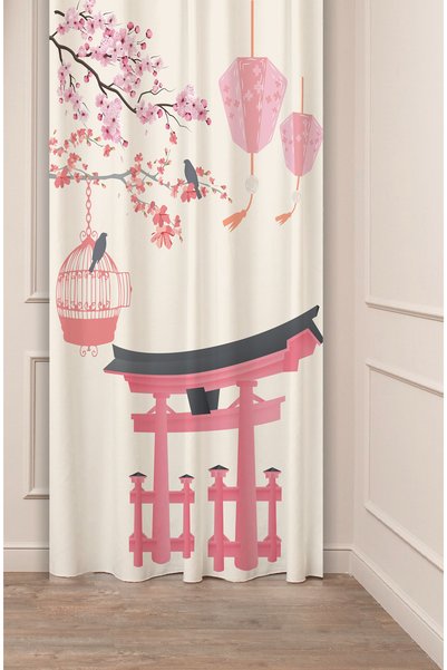 GREENDECOR Sakura Çiçek Kuş Bohem Japonya Bej Pembe Desenli Özel Tasarım Diji...