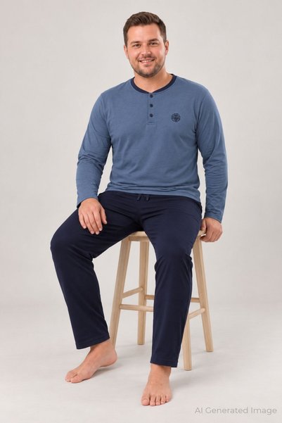 PİJAPİA Men's Long Sleeve Plus Size Pajama Set Blue 100% Cotton