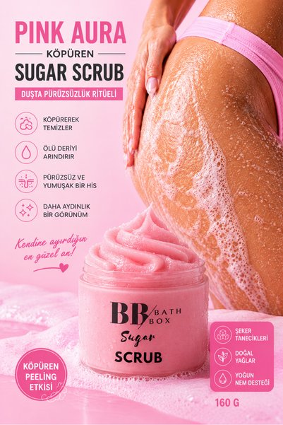 bb bath box Pink Aura Köpüren Sugar Scrub, Organik Doğal Şeker Peelingi, Arın...