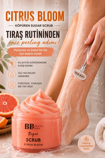 bb bath box Citrus Bloom Köpüren Sugar Scrub,Doğal Greyfurt Şeker Peelingi,Or...