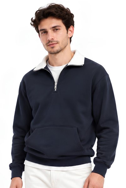 MOVİMENT Navy Blue Men’s Mock Neck Oversized Sweatshirt | 3-Ply Fleece-Lined ...
