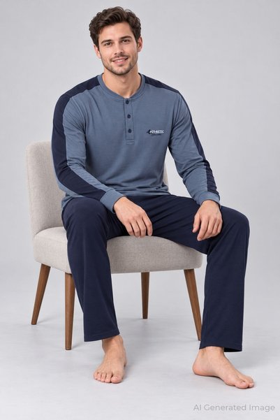 PİJAPİA Men's Buttoned Long Sleeve Pajama Set Navy Blue 100% Cotton