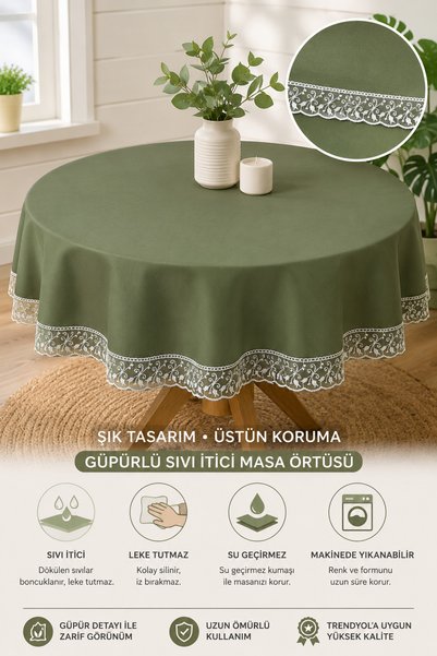 Rona Home Едноцветна хаки-зелена кръгла покривка за маса с вид на лен – луксо...