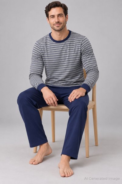 PİJAPİA Men's Striped Long Sleeve Pajama Set Gray