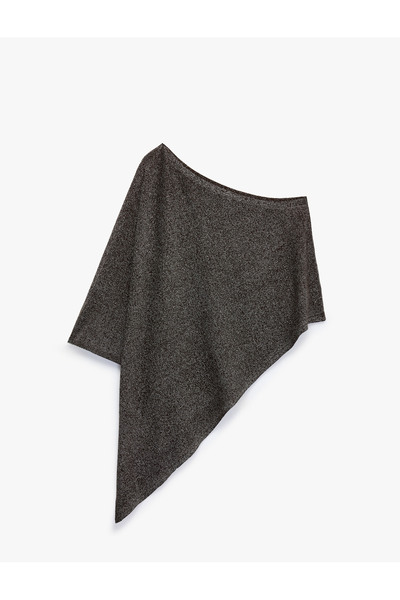 Koton Asymmetrical Shimmering Boat Neck Bat Sleeve One Shoulder Knitwear Ponc...