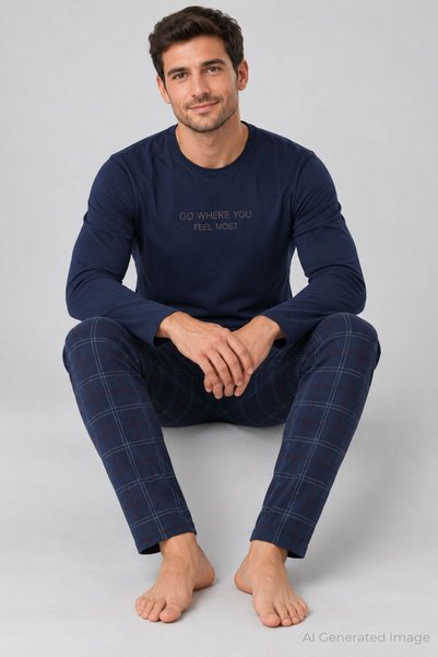 PİJAPİA Men's Long Sleeve Lycra Thermal Pajama Set Navy Blue