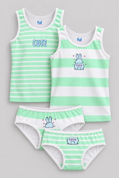 FUL Cute Rabbit Printed Girls' 4-Piece Undershirt Panties Set Cotton Striped ...
