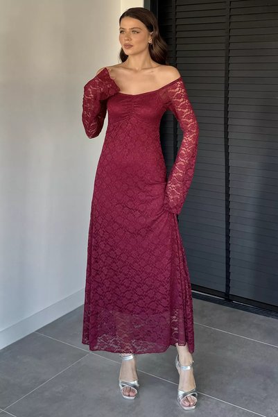 TOZLU Lace Detailed Spanish Sleeve Long Dress