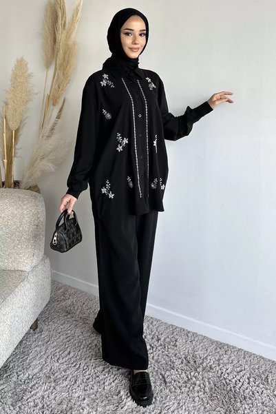 TOZLU Women's Bead Embroidered Hijab Shirt and Pants Two-Piece Set