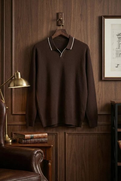 TOZLU Men's Polo Neck Self-Stripe Patterned Knitwear Sweater