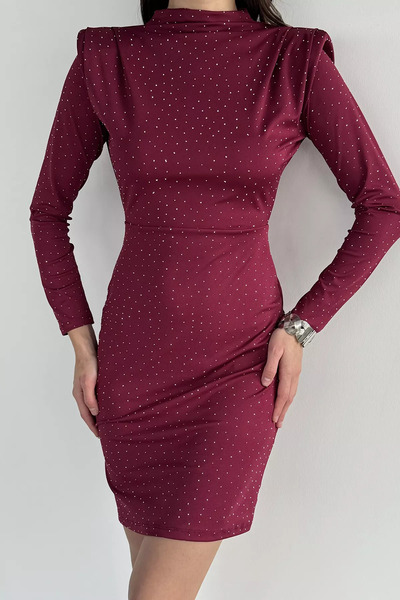 TOZLU Women's High Collar Shoulder Padded Stoned Lycra Evening Dress