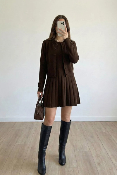TOZLU Rochie tricotată plisată, combinată cu cardigan, pentru femei