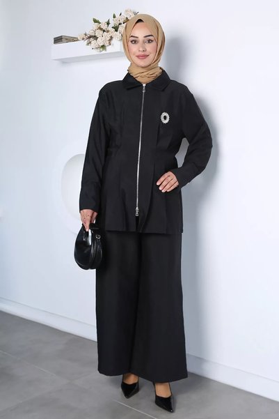 TOZLU Elastic Waist Trousers, Brooch Detailed Tunic, Islamic Clothing Double Set