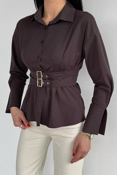 TOZLU Women's Waist Belted Shirt with Gold Detail