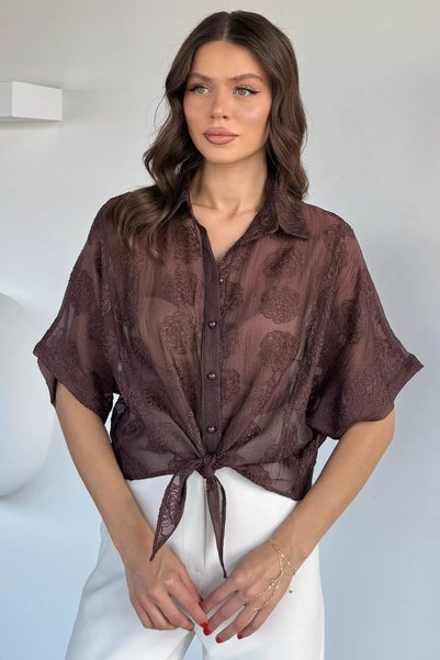 TOZLU Women's Embroidered Shirt with Front Tie Detail