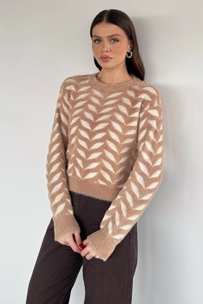 TOZLU Crew Neck Patterned Soft Yarn Croptop Women's Knitwear Sweater