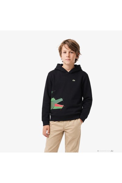 Lacoste Çocuk Kapüşonlu Baskılı Siyah Sweatshirt