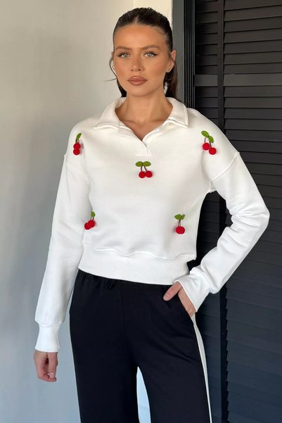 TOZLU Women's Three-Thread Embroidered Cherry Sweatshirt