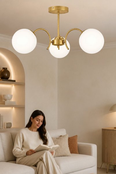 ESSLİGHT Hazal 3’lü Eskitme Plafonyer Beyaz Camlı Avize Salon Mutfak Yatak Odası