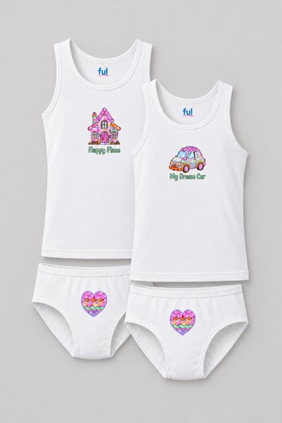 FUL Cute Heart Home Car Printed Girls' 4-Piece Undershirt Panties Set Cotton ...