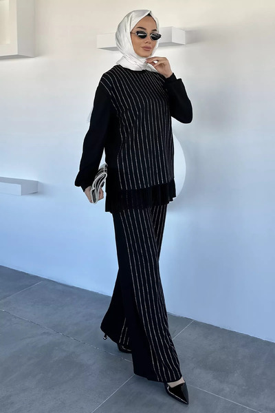 TOZLU Stone Embellished Hijab Tunic and Elastic Waist Pants Double Set