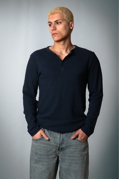 Hidden archive Henley-Buttoned Navy Blue Regular-Fit Long-Sleeve Men's T-Shirt