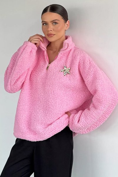 TOZLU Gülseli Kadın Yarım Fermuarlı Peluş Sweatshirt