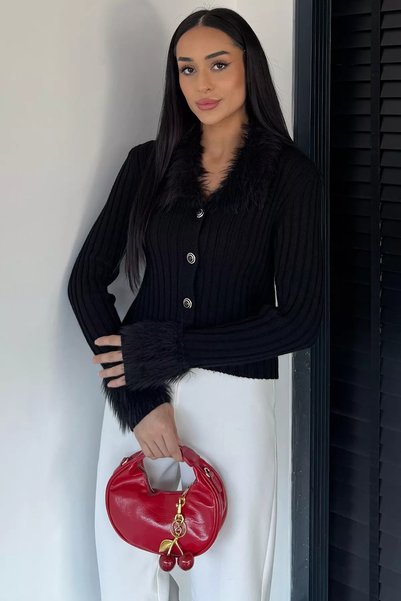TOZLU Gülseli Kadın Yaka Ve Bilek Peluşlu Triko Hırka