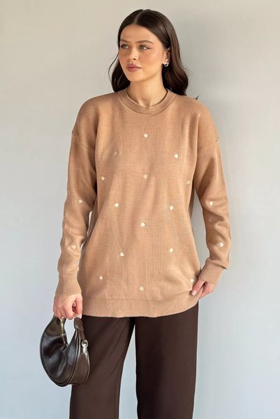 TOZLU Women's Heart Embroidered Knitwear Sweater