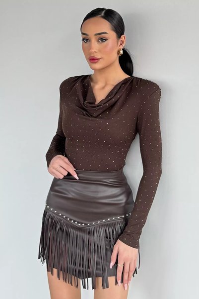 TOZLU Women's Tassel Detailed Faux Leather Mini Skirt