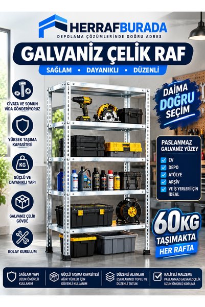 Herrafburada 5 Katlı Galvaniz Çelik Raf - Depo Arşiv Kiler Dosya Market Mutfa...