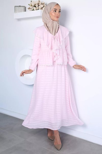 TOZLU Set dublu Hijab cu guler pliat, detaliu din dantelă, bluză și fustă