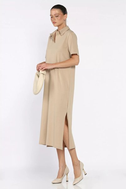 TOZLU Women's Polo Collar Basic Dress with Side Slits