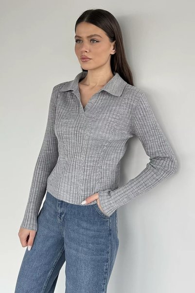 TOZLU Women's Polo Collar Knitwear Blouse (Fits Sizes S-M-L)