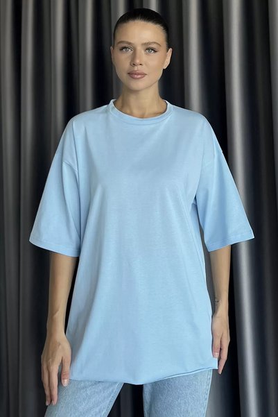 TOZLU Women's Crew Neck Loose T-Shirt with Side Slit Detail